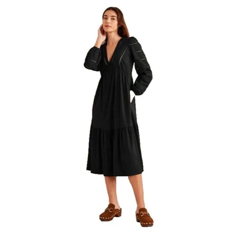 Boden Womens Dress UK 8R US 4R Black Woven Mix Midi Jersey V-Neck D0492 NWT